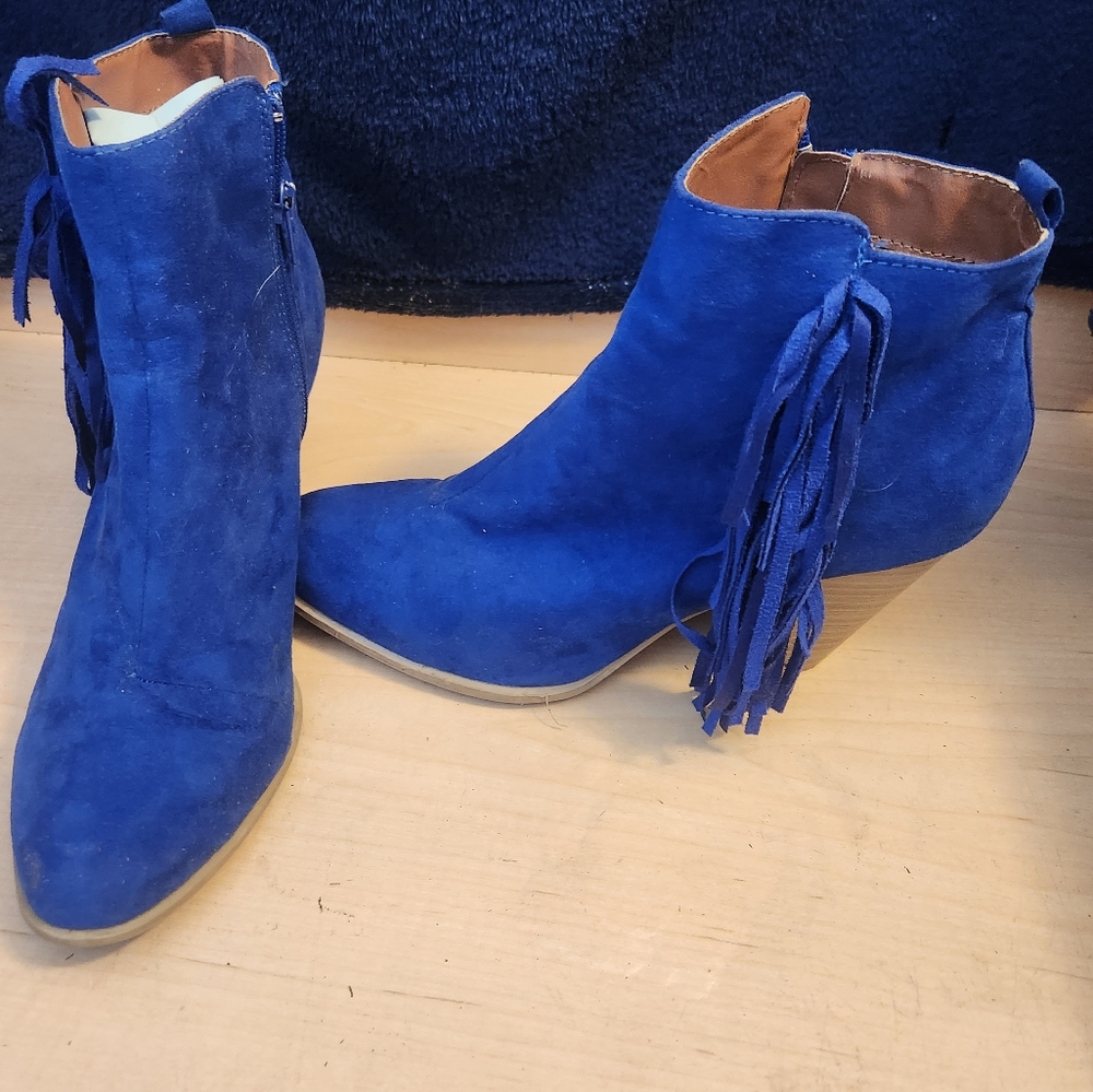 Blue Suede Fringed  Booties 3" stacked heel